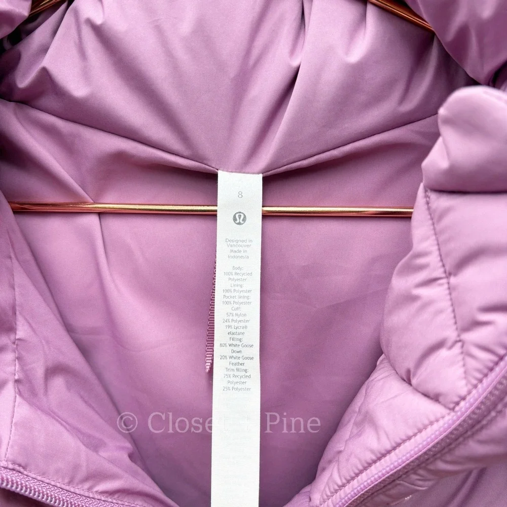 Lululemon Wunder Puff Jacket Velvet Dust Purple Pink Size 8 Hooded Puffer Coat - Picture 4 of 17